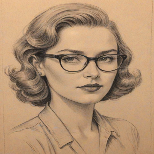 Stunning Sophie Bush, pencil sketch, portrait of Superb woman 1948s in glasses, hair style beatnik, outline, clear lines, fine lines, 8k