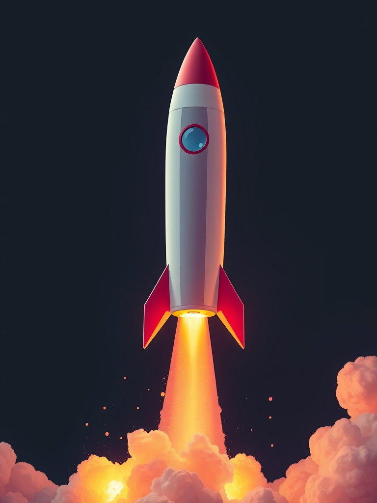 Create a high-resolution digital illustration of a rocket launching with a sleek design, capturing dynamic motion, using a Canon EOS 5D Mark IV with a 24mm lens, aperture f/8, 1/1000s shutter speed, and vibrant colors against a dark background.