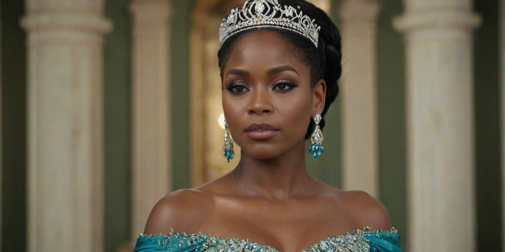 A gorgeous Garifuna woman in a luxurious cyan gown, accessorized with a dazzling tiara and statement earrings, her deep green eyes highlighted by impeccable makeup, poised in a royal setting, photorealistic, 8K quality