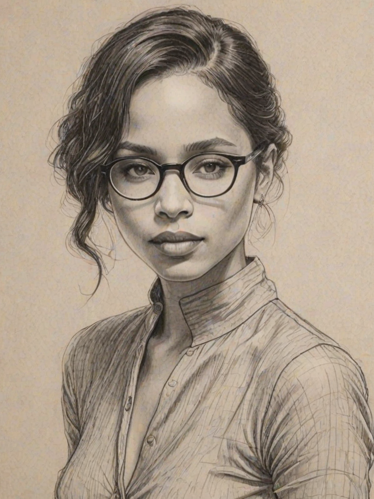Resplendent Zo' Kravitz, pencil sketch, portrait of Alluring woman 1924s in glasses, hair style beatnik, outline, clear lines, fine lines, 8k