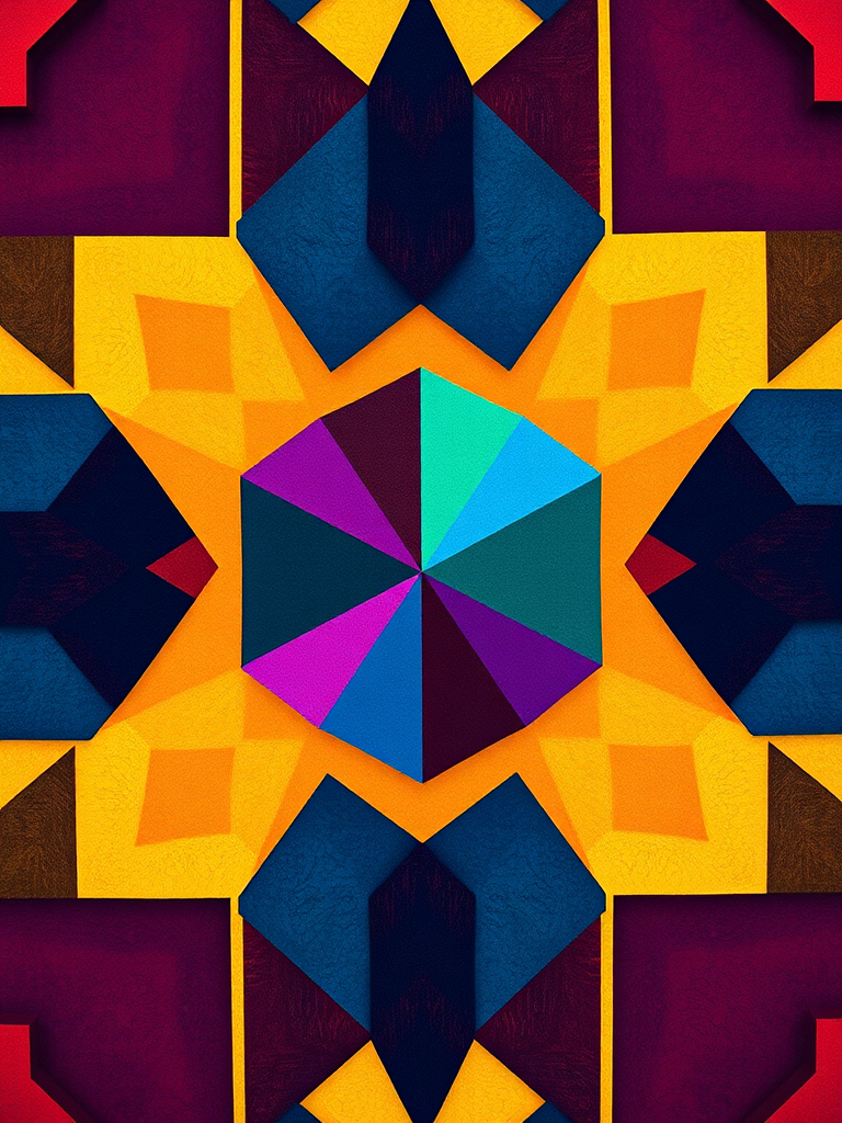 Create an abstract geometric design with vibrant colors and contrasting shapes, captured with a DSLR camera using a 50mm lens at f/1.8, ISO 100, and a shutter speed of 1/250s from an overhead view to emphasize depth and detail.
