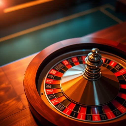 high-resolution image of a roulette wheel on a wooden table, with dramatic lighting and focus on the wheel, DSLR camera, f/2.8 aperture, ISO 100, 50mm lens, top-down view, shallow depth of field, lens flare effect