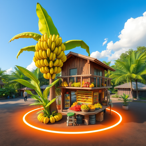 A vibrant tropical fruit market with a small, two-story building. A large banana tree stands nearby, with the fruit displayed on the balcony. The ground is surrounded by a glowing orange and yellow ring
