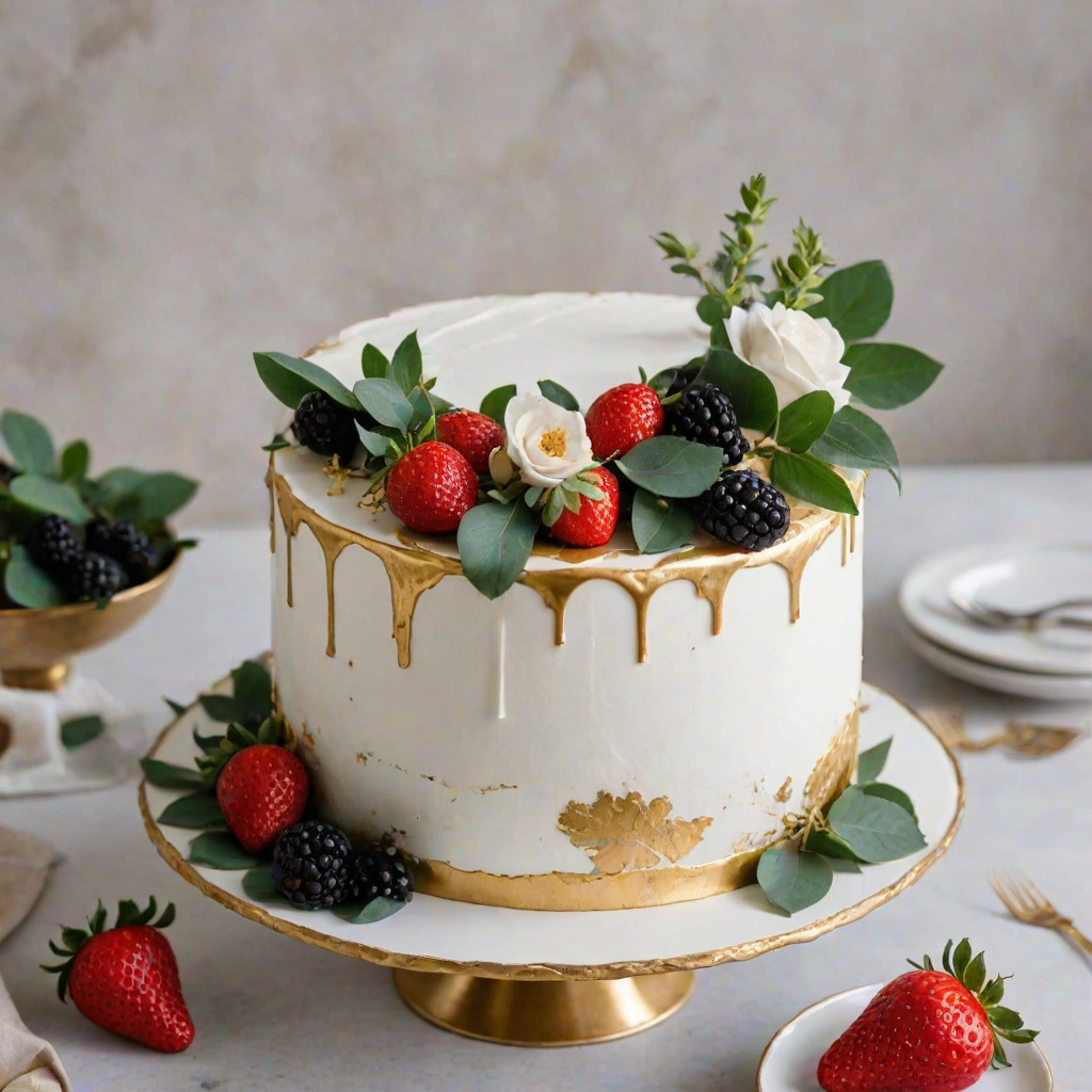 Create a beautifully decorated cake featuring a smooth white icing with gold leaf accents. The cake should have fresh strawberries, blackberries, and a single red rose on top. Add some eucalyptus leaves for a touch of greenery. The cake should be presented on a simple white cake stand against a soft, blurred background of flowers.