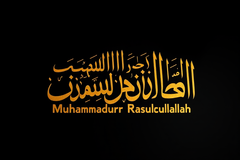 Create an abstract calligraphic design featuring the inscription "La ilaha illallah Muhammadur Rasulullah" in gold on a dark gradient background, using a DSLR camera with a 50mm lens, f/1.8 aperture, ISO 100, 1/125s shutter speed, at eye level for balanced depth and clarity.