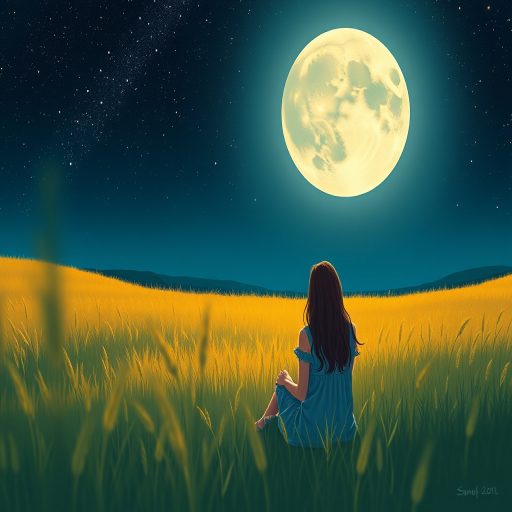 Generate an illustration of a woman sitting in a field at night with a large full moon and a starry sky above, capturing a serene atmosphere, using a DSLR camera with a 50mm lens, f/1.8 aperture, ISO 100, and a shallow depth of field for a soft bokeh effect.
