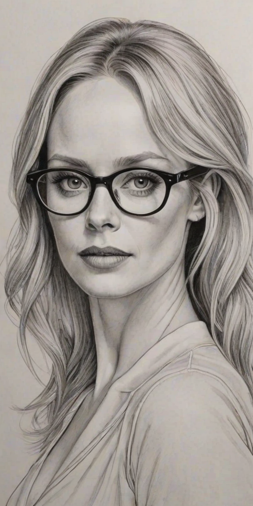 Bewitching Marley Shelton, pencil sketch, portrait of Magnificent woman 1966s in glasses, hair style beatnik, outline, clear lines, fine lines, 8k