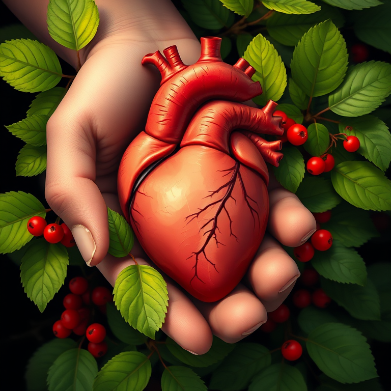 Create a highly detailed illustration of a human heart held in a hand, surrounded by vibrant green leaves and red berries, with soft lighting and a high contrast background; use a Canon EOS R5 with a 50mm lens at f/1.8, ISO 200, and a shutter speed of 1/200s for enhanced image quality and clarity.
