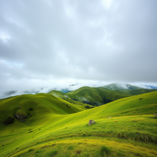 Regenerate a landscape image of misty mountains with rolling green hills under a cloudy sky, using a DSLR camera with a 24mm lens, aperture f/8, ISO 100, and a dynamic range HDR approach from a low angle view.