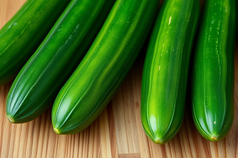 photograph of five fresh cucumbers arranged on a wooden surface, taken with a DSLR camera at f/4 aperture, ISO 100, 50mm lens, natural light for enhanced detail and vibrant color.