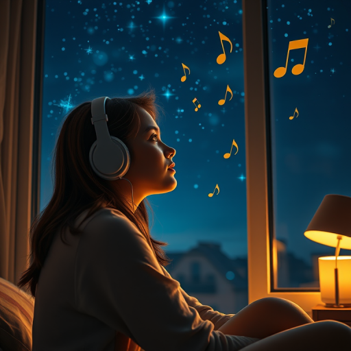 A young woman with headphones sitting by a window at night, gazing at a starry sky with musical notes floating around, warm ambient light from a bedside lamp, camera settings: ISO 400, aperture f/2.8, shutter speed 1/60 sec, camera view: close-up, camera style: digital art, camera type: mirrorless.