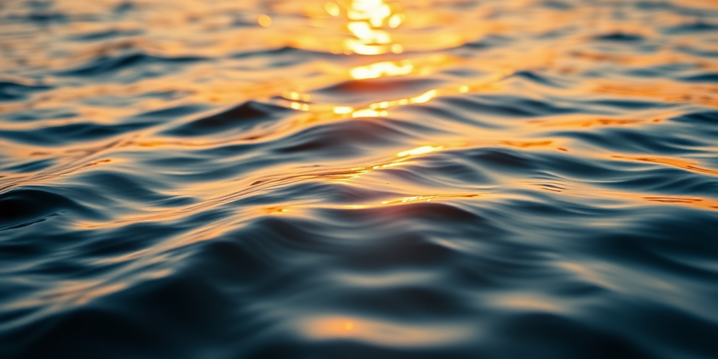 capture the shimmering surface of water at sunset, emphasize the reflections and ripples, use a Canon EOS R5 with a 50mm lens, aperture f/1.8, shutter speed 1/200s, ISO 100, shallow depth of field, golden hour lighting, focus on water textures