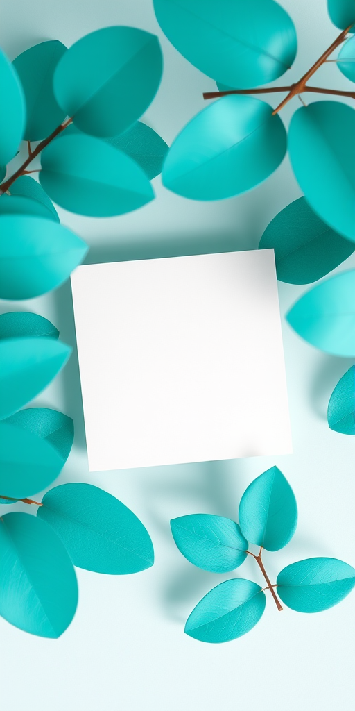 Create a 3D rendering of a blank sticky note with soft edges and a slight shadow, surrounded by stylized teal leaves, using a Canon EOS R5 camera with a 50mm f/1.2 lens, aperture set to f/2.8, ISO 100, and an overhead view for a clean and modern aesthetic.