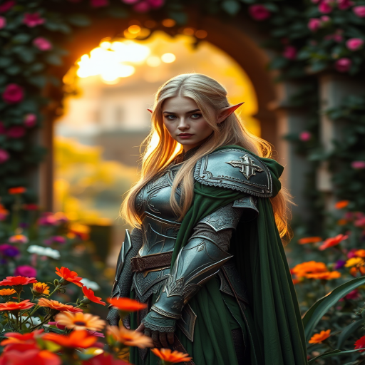Generate a fantasy scene of a female elf warrior in a lush garden with vibrant flowers, wearing intricately designed armor with a flowing green cape, soft golden sunlight filtering through an archway, DSLR camera, 50mm lens, aperture f/2.8, ISO 100, shallow depth of field, golden hour lighting.