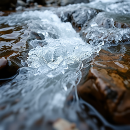Capture a close-up shot of flowing water over rocks in a stream using a DSLR camera with a 50mm lens, aperture set to f/2.8 for a shallow depth of field, ISO 100 for minimal noise, and a shutter speed of 1/125s to freeze the motion of the water.
