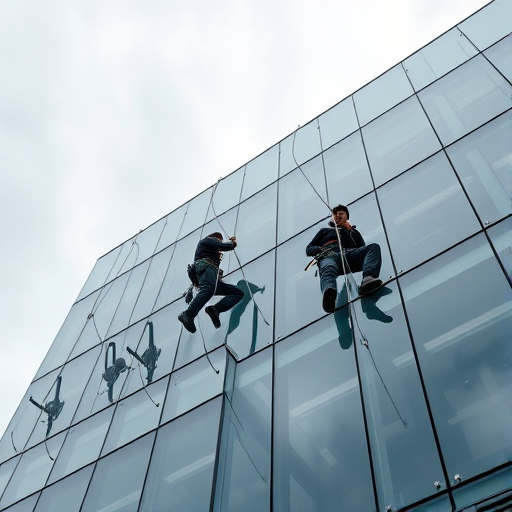 create a high-resolution image of window cleaners hanging from a modern building with large glass windows, shot with a DSLR camera at f/5.6 aperture, ISO 200, 1/500 sec shutter speed, wide-angle lens, from a slightly low angle to capture the workers in action against a cloudy sky background