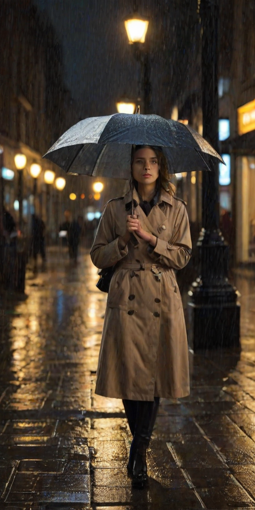 Rainy city square at night, with streetlights casting a warm glow on the wet pavement, a woman in a trench coat walks slowly through the square, her umbrella barely protecting her from the rain.