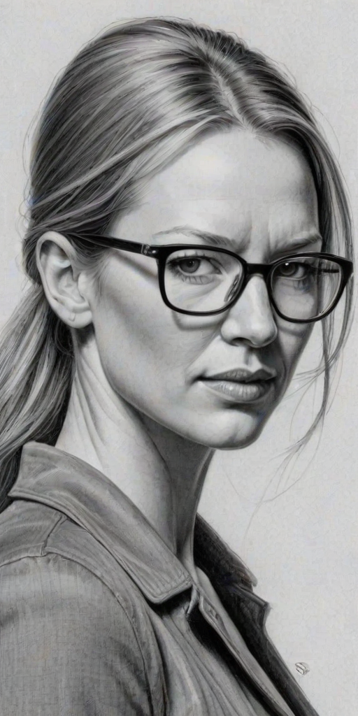 Superb Anna Torv, pencil sketch, portrait of Superb woman 1973s in glasses, hair style beatnik, outline, clear lines, fine lines, 8k