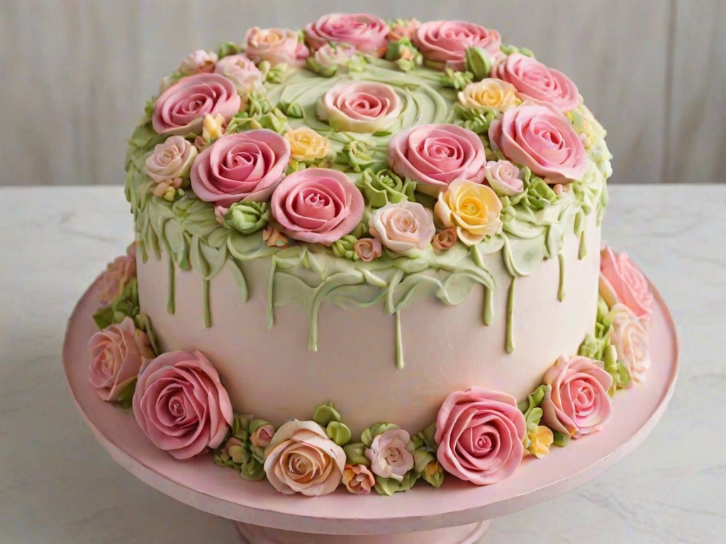 Create a beautifully decorated cake featuring a floral design made of pink and pastel-colored frosting. The cake should have a smooth white surface and be adorned with an array of intricate buttercream flowers, including roses and other floral shapes, arranged in a circular pattern around the top. The overall look should be elegant and visually appealing, suitable for a celebration.