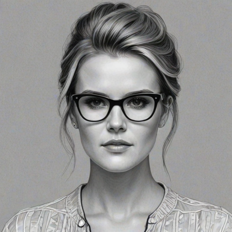 Bewitching Maggie Grace, pencil sketch, portrait of Wonderful woman 1966s in glasses, hair style beatnik, outline, clear lines, fine lines, 8k