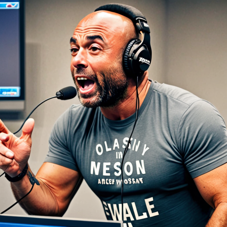 Joe Rogan Close Up Joe Rogan is in his podcast studio, mid-sentence, pointing excitedly at ...