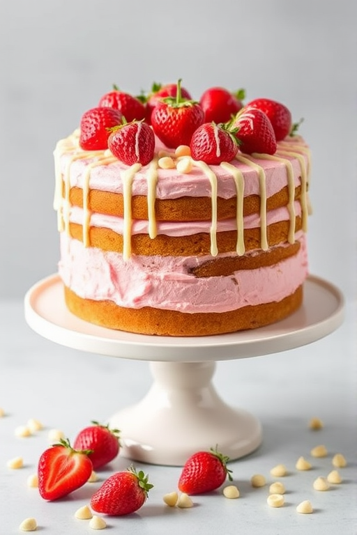 A delicious layered cake with pink frosting, topped with fresh strawberries and drizzled white chocolate, presented on a white cake stand with strawberries and white chocolate chips scattered around, against a light gray background.