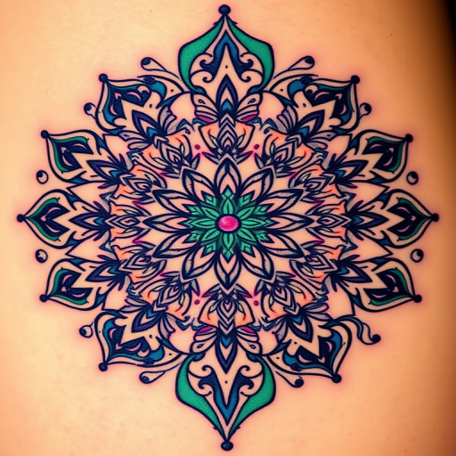 Ornate mandala tattoo bursting with intricate patterns and symmetrical designs, incorporating delicate dotwork shading and vibrant jewel tones of sapphire, emerald, and amethyst for a mesmerizing effect