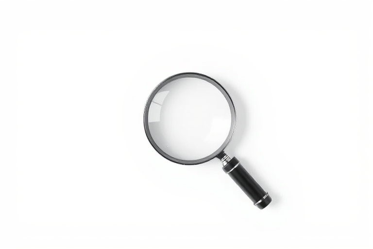 Create a high-resolution magnifying glass icon on a white background, using a Canon EOS 5D Mark IV with a 50mm f/1.8 lens, aperture set to f/2.8, ISO 100, and a slight vignette for depth, shot from a top-down view for clarity and focus.