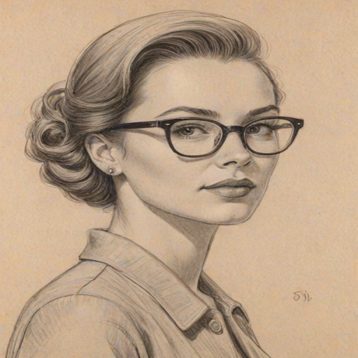 Sublime Amanda Fuller, pencil sketch, portrait of Elegant woman 1953s in glasses, hair style beatnik, outline, clear lines, fine lines, 8k
