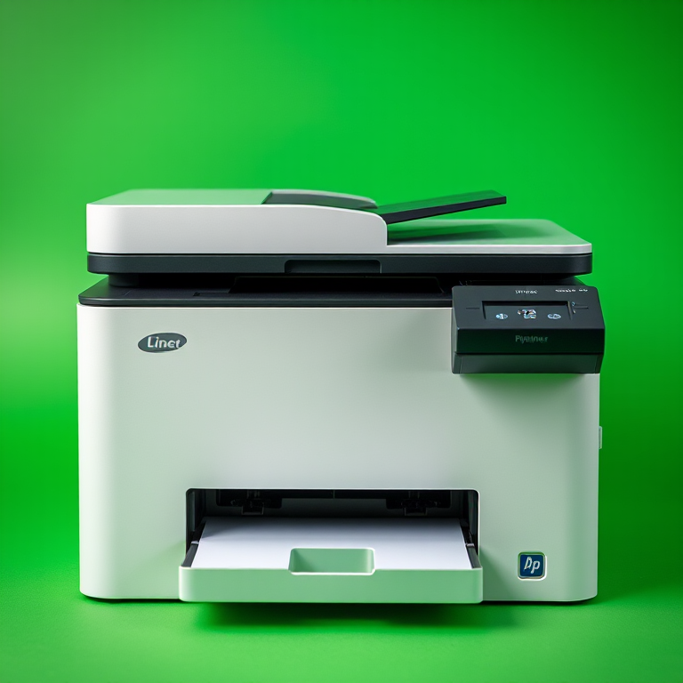 Create a high-resolution image of a printer against a vibrant green background, use a DSLR camera with a 50mm lens, aperture set to f/2.8, ISO 100, and a slight vignette effect to enhance focus on the printer.