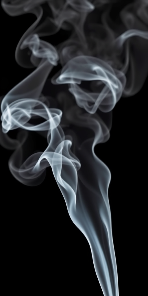 Capture ethereal smoke patterns swirling against a black background using a DSLR camera with a 50mm lens, aperture f/2.8, shutter speed 1/100s, ISO 200, and a macro view to emphasize intricate details and textures in the smoke.