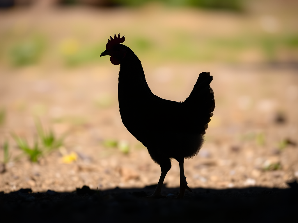 Regenerate a detailed silhouette of a chicken standing on the ground, captured using a DSLR camera at f/5.6 aperture, ISO 100, with a shallow depth of field and natural lighting.