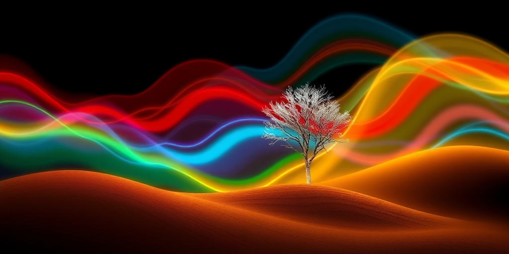 Create a vibrant abstract landscape with flowing waves of red, blue, green, and yellow, featuring a solitary white tree on a dark background, captured using a DSLR camera with a 50mm lens at f/1.8, ISO 100, and a slow shutter speed of 1/30s for enhanced light trails and depth.
