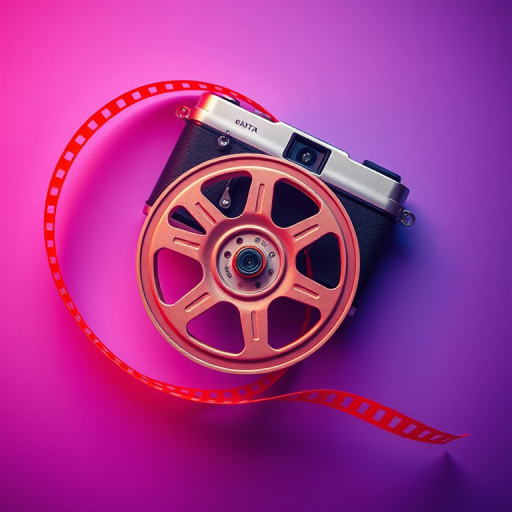 Create a vibrant, abstract composition that showcases a film reel and a classic film camera, emphasizing bold colors like orange and purple, with a soft focus effect, using a DSLR camera set to f/2.8, ISO 100, and a 50mm lens for clarity, shot from a top-down perspective.