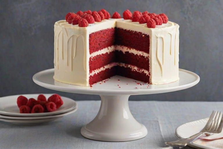 Create an image of a beautifully layered red velvet cake with cream cheese frosting. The cake should be displayed on a white cake stand, with a slice cut out to showcase the rich red interior. Add fresh raspberries on top and around the plate for decoration, and include a soft gray linen underneath for a cozy presentation.