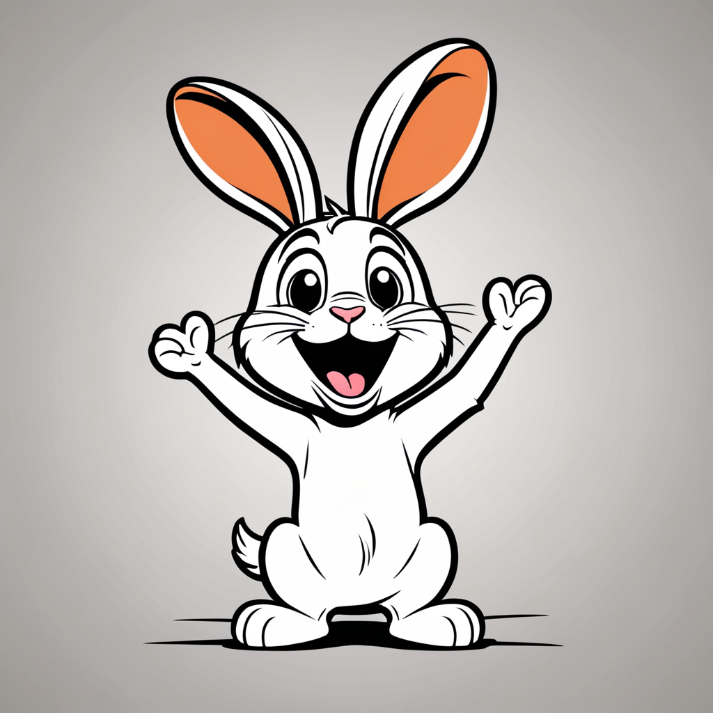 simple line drawing of cartoon Pixar style happy, excited rabbit low ...