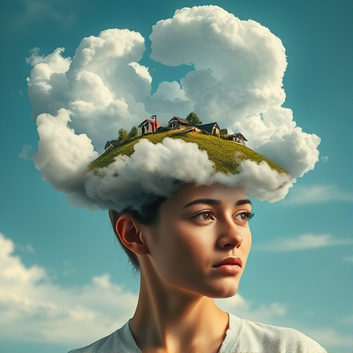 Create a surreal image of a person with an imaginative landscape emerging from their head, featuring swirling clouds and houses, captured with a Canon EOS R5 camera, 35mm lens, f/1.8 aperture, ISO 100, at a 24mm focal length, in soft natural lighting to enhance details and depth.