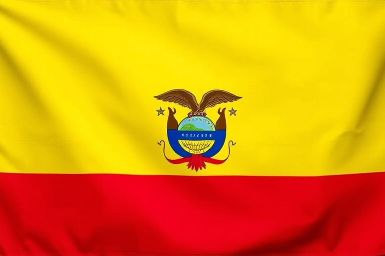 Create an image of the Ecuadorian flag featuring a vibrant yellow top stripe, a blue middle stripe, and a red bottom stripe with the national emblem centered, shot in high resolution with a DSLR camera, using a focal length of 50mm, aperture set to f/8, and ISO 100 for enhanced clarity and color vividness.