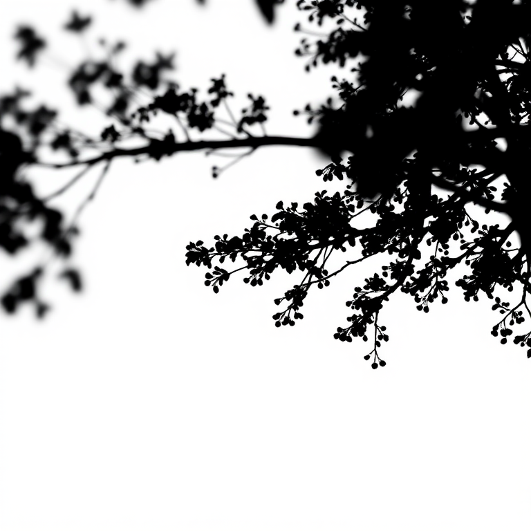 Create a minimalist black silhouette design of a tree against a white background, shot with a Canon EOS R5 at f/8, ISO 100, 1/200s, using a macro lens for sharp detail, in natural light.