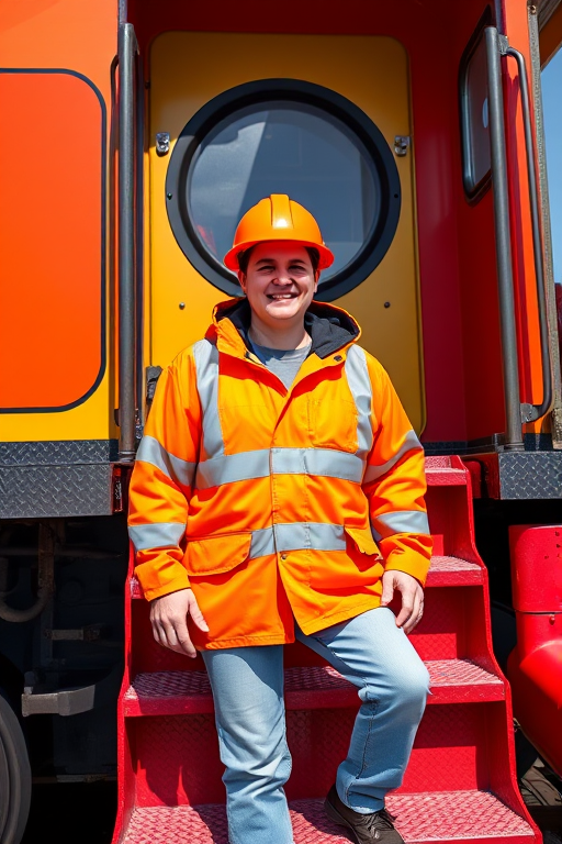 Photo of a smiling person in a bright orange safety jacket and hard hat standing on the steps of a colorful train engine, shot with a Canon EOS R5 at f/2.8, 1/500s, ISO 100, with a wide-angle lens from a low angle perspective on a sunny day to enhance clarity and color vibrancy.