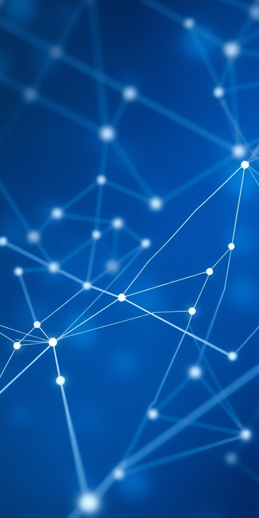 Generate a high-resolution abstract digital network background with interconnected white lines and dots on a smooth gradient blue background, using a 50mm lens, f/2.8 aperture, ISO 100, and soft focus photography style.