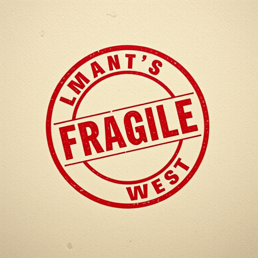 Create a high-resolution image of a stamp that reads "FRAGILE" in bold red letters surrounded by a circular border, using a DSLR camera with a 50mm lens, f/2.8 aperture, and ISO 100, shot from a top-down view with soft natural light to enhance texture and clarity.