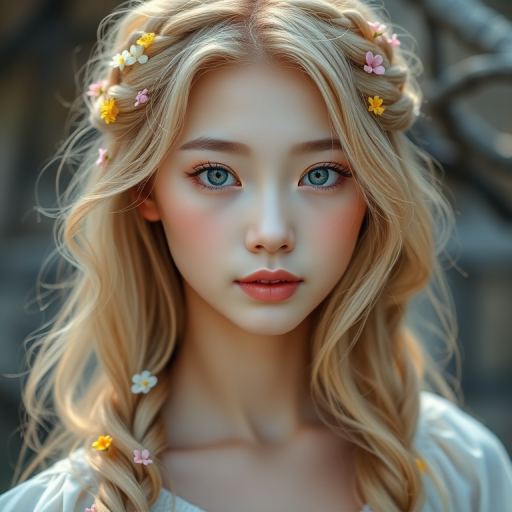 Create an image of a young Chinese woman with long, wavy blonde hair, adorned with small, colorful flowers woven into her braids and loose strands. Her complexion is fair, with soft, glowing skin, and she has light blue eyes that gaze softly at the viewer. She wears a light, flowing dress with a gentle, ethereal quality, complementing her delicate and serene appearance. The background is slightly blurred, drawing focus to her tranquil expression and the intricate details of the flowers in her hair. The overall mood of the image is one of natural beauty and grace, evoking a sense of peacefulness and connection with nature.