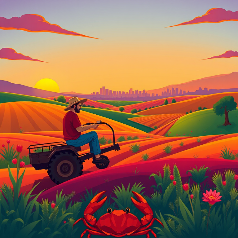 Create an illustration of a farmer sitting on a plow in a colorful, stylized landscape during sunset, with a distant city skyline, a sun in the corner, and a crab in the foreground, using a vibrant color palette and smooth lines; camera settings: f/8, ISO 100, 1/60s, camera view: wide-angle, camera style: cartoonish, camera type: digital illustration.