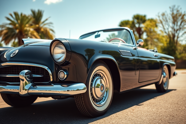 Create an image of a vintage black car with a convertible top, shot from a low angle in bright daylight, using a DSLR camera with a50mm lens at f/2.8, ISO 100, and a shutter speed of 1/200s to enhance details and clarity.