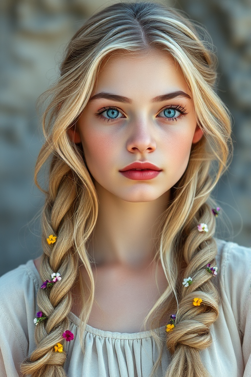 Create an image of a young Kyrgyz woman with long, wavy blonde hair, adorned with small, colorful flowers woven into her braids and loose strands. Her complexion is fair, with soft, glowing skin, and she has light blue eyes that gaze softly at the viewer. She wears a light, flowing dress with a gentle, ethereal quality, complementing her delicate and serene appearance. The background is slightly blurred, drawing focus to her tranquil expression and the intricate details of the flowers in her hair. The overall mood of the image is one of natural beauty and grace, evoking a sense of peacefulness and connection with nature.