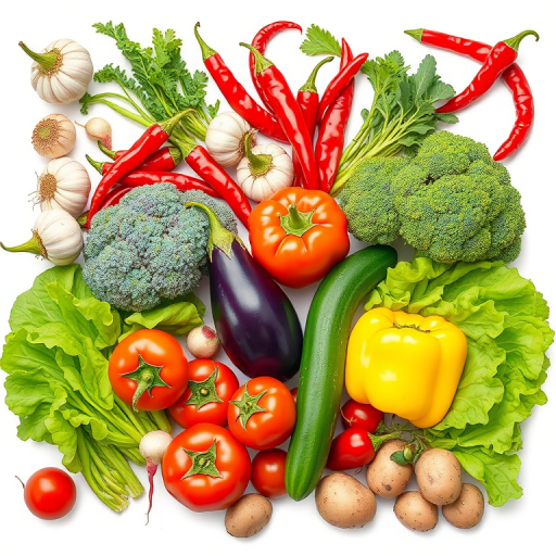 Create a vibrant, high-resolution illustration of assorted vegetables including garlic, chili peppers, turnips, broccoli, eggplant, cucumber, yellow bell pepper, tomatoes, lettuce, radishes, and potatoes, featuring a bright white background, captured with a Canon EOS R5, 50mm lens, f/2.8 aperture, ISO 100, with natural lighting to enhance colors and details.