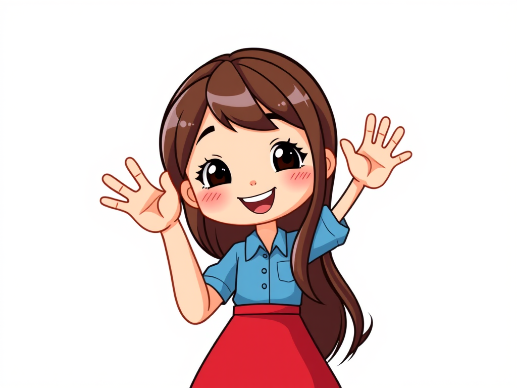 A cheerful cartoon girl with long brown hair, wearing a blue shirt and a red skirt, smiling and waving, captured in a colorful vector art style, using a DSLR camera with a 50mm lens, f/1.8 aperture, ISO 100, and natural lighting for vibrant colors and sharp details.
