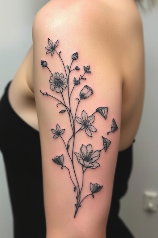 Minimalist fine line tattoo entitled "Whispered Silhouettes" depicting a series of delicate continuous line drawings portraying various natural elements such as flowers leaves and animals intertwining gracefully across the skin with ultra-thin needlework creating an almost invisible appearance from a distance but revealing intricate details up close resembling a pencil sketch brought to life on the canvas of human flesh