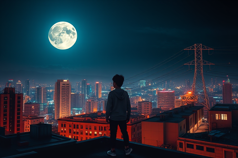 A young person standing on a rooftop overlooking a futuristic cityscape at night under a large moon, with illuminated buildings and power lines, captured with a Canon EOS R5, 24mm lens, f/2.8, ISO 400, shutter speed 1/60 sec, in a cinematic style with vibrant colors and dramatic lighting.